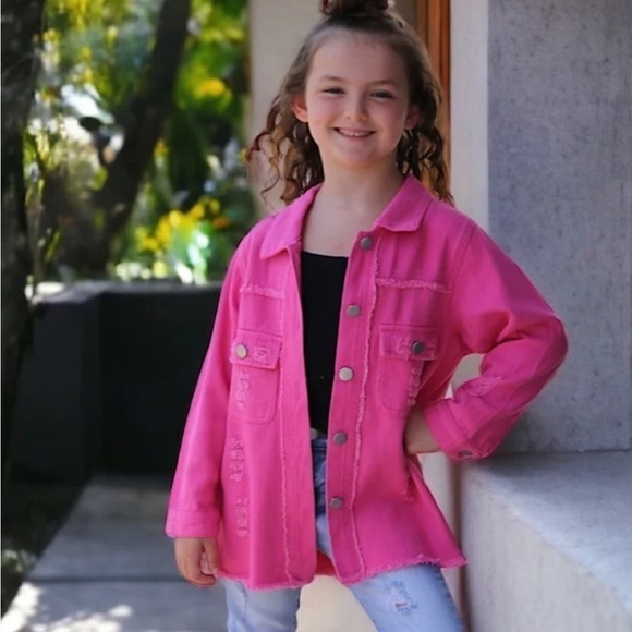 Girls Hot Pink Distressed Frayed Denim Shirt Jacket Shacket - Picture 1 of 4